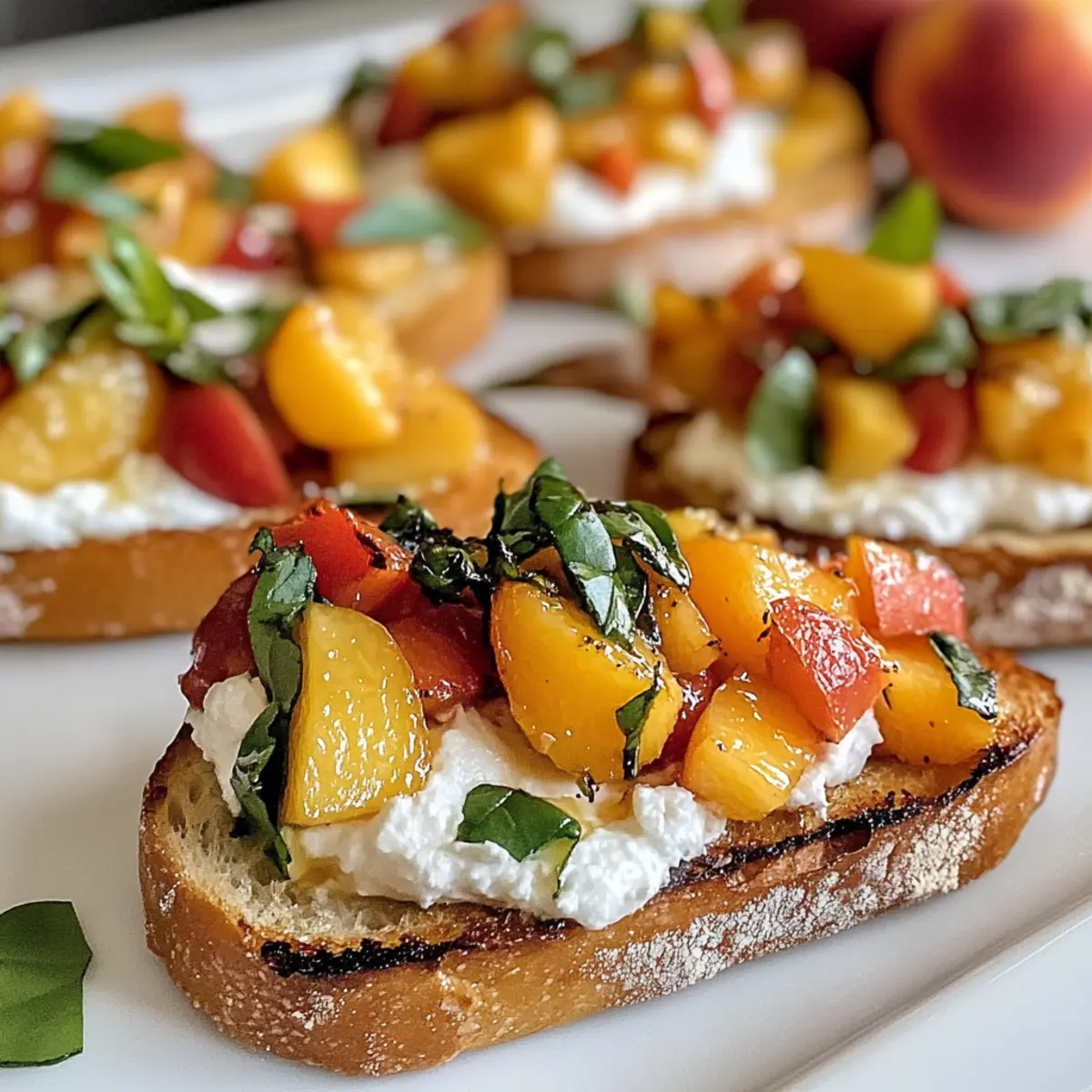 Pfirsich Bruschetta mit geschlagenem Ricotta für den Sommer