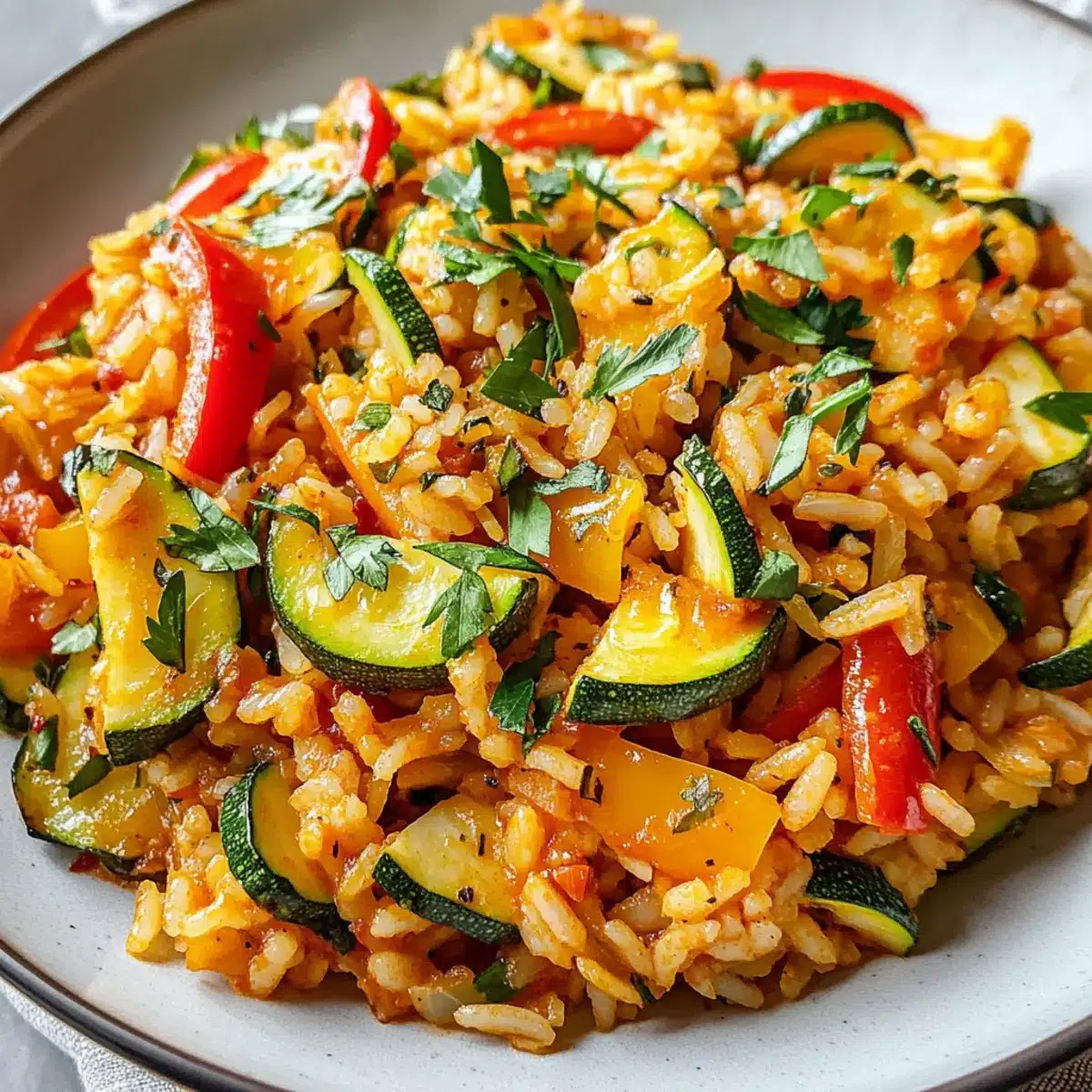 Vegetarische Paprika Reis Pfanne mit Zucchini & Kräutern